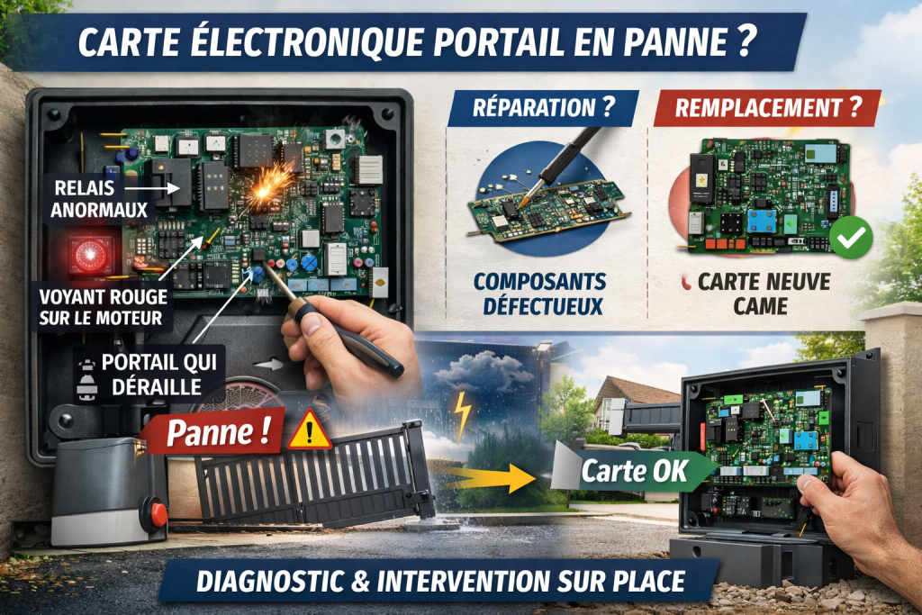 Carte électronique de portail en panne avec diagnostic des relais, voyant rouge moteur et options réparation ou remplacement